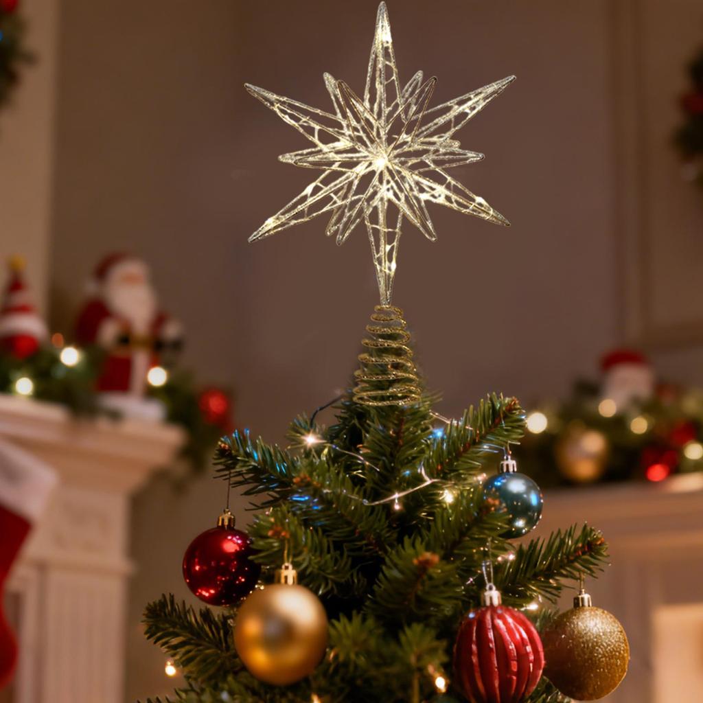 Christmas Tree Topper Winter Holiday Treetop Decorations Pre-Lit Glittered Star Treetop for New Year Office Indoor Home Bar Shop