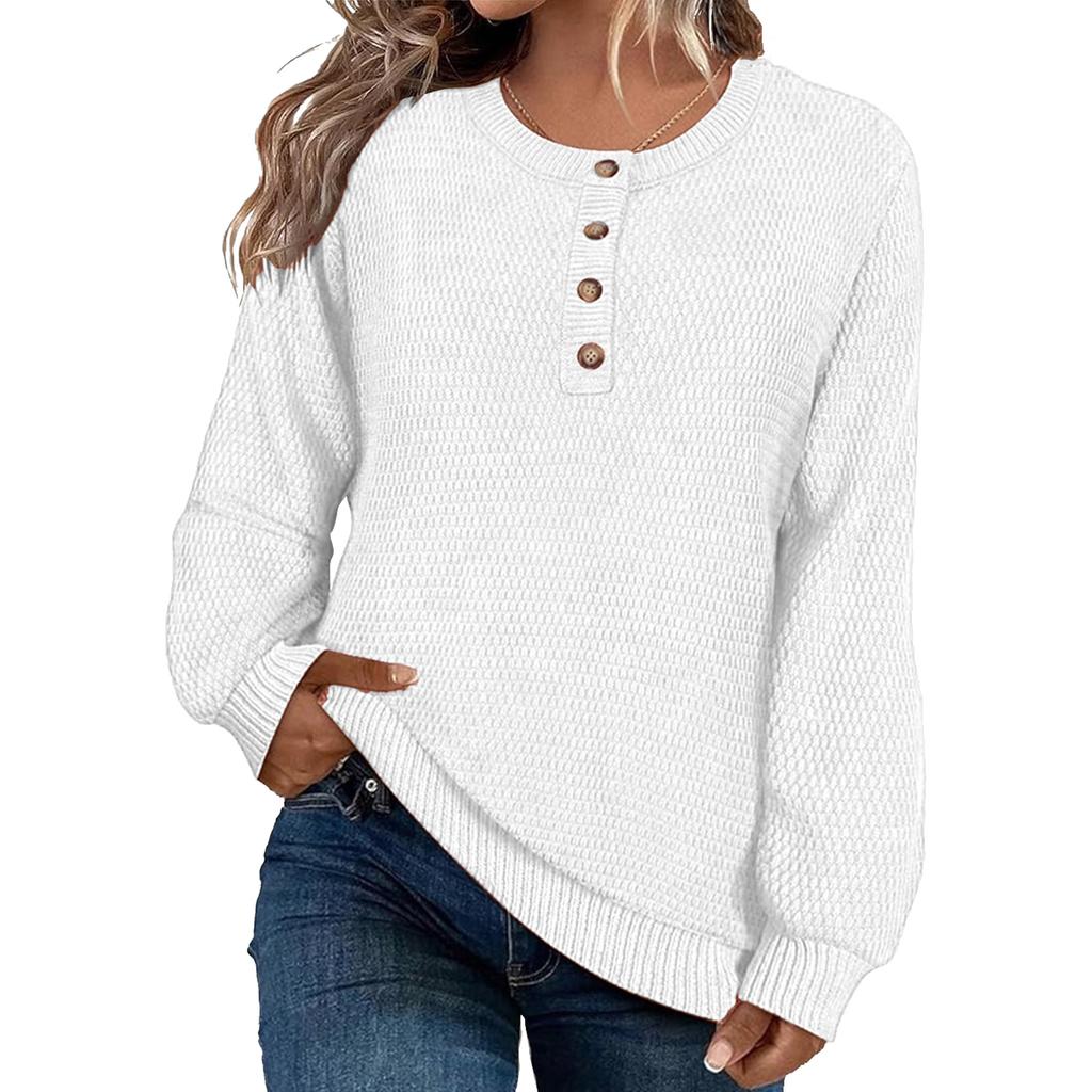 Women's Loose-Fitting Solid-Color Button-Up Long-Sleeved Round-Neck Pullover Knit Sweater Top