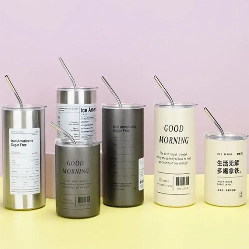 304 Stainless Coffee Cup Steel Double -layer Thermos Cooler Straw Cup Portable Reusable Ins Ice American Coffee Mug Water Bottle