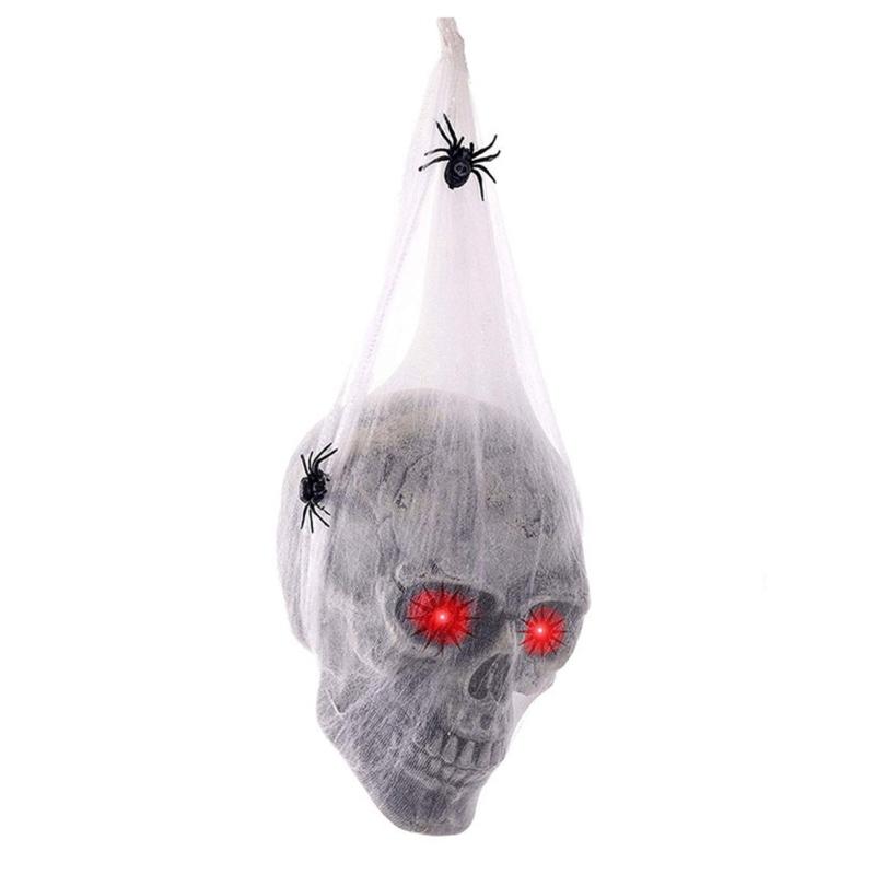 Reactive Glowing Skull with Cobweb Frightening Halloween Decoration Skull Charm with Sound Controlled Light Effect 1