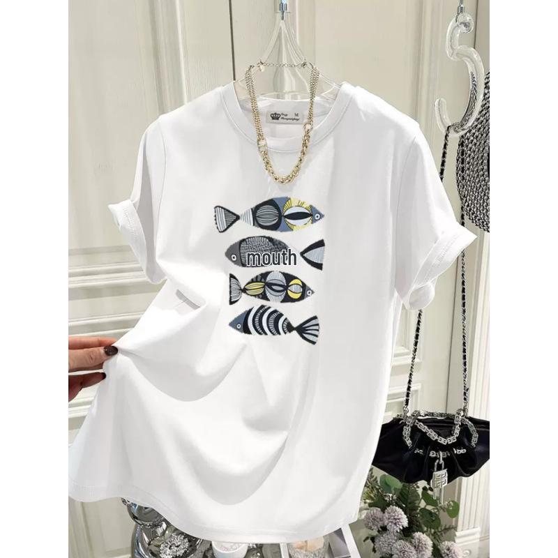 2024 Summer Trend: Women's Loose-Fit Pure Cotton Fish Print T-Shirt