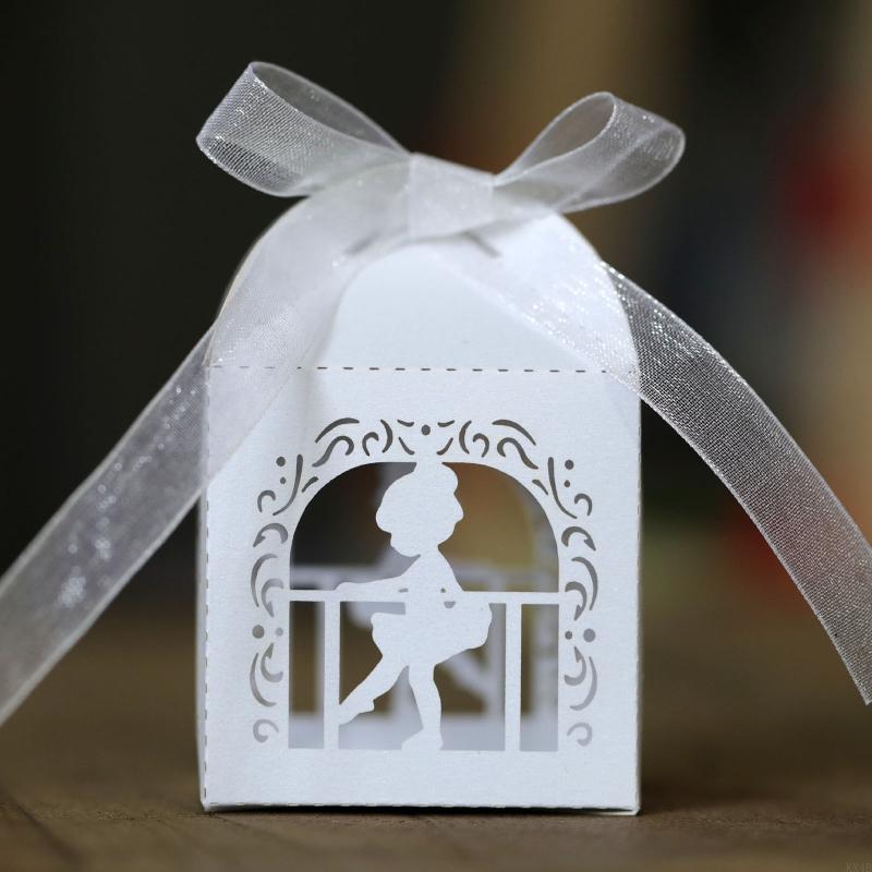 KX4B 100pcs Angel Dancing Pearl Paper Hollow Cut Favor Gift Candy Box Storage with Ribbon Decoration Baby Shower Wedding Party