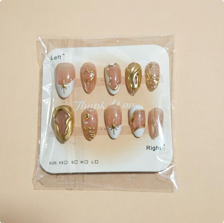 French Almond 3D Carved Nails with Gilded Stars & Pearls - High-End Wearable Nail Art Tips
