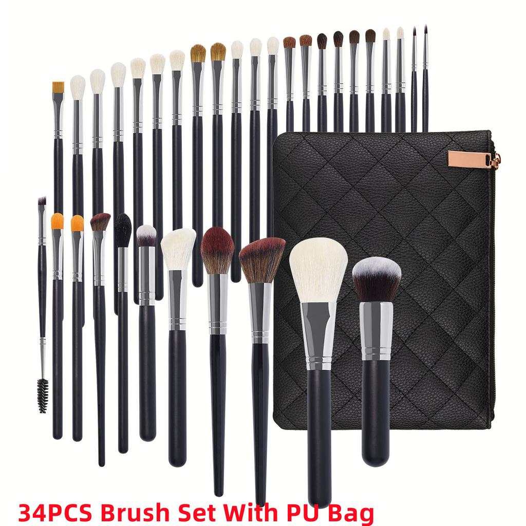 Private Label 34 Pcs Black Make up Brush Set Vegan High Quality Professional Natural Hair Goat Hair Makeup Brush Set with case