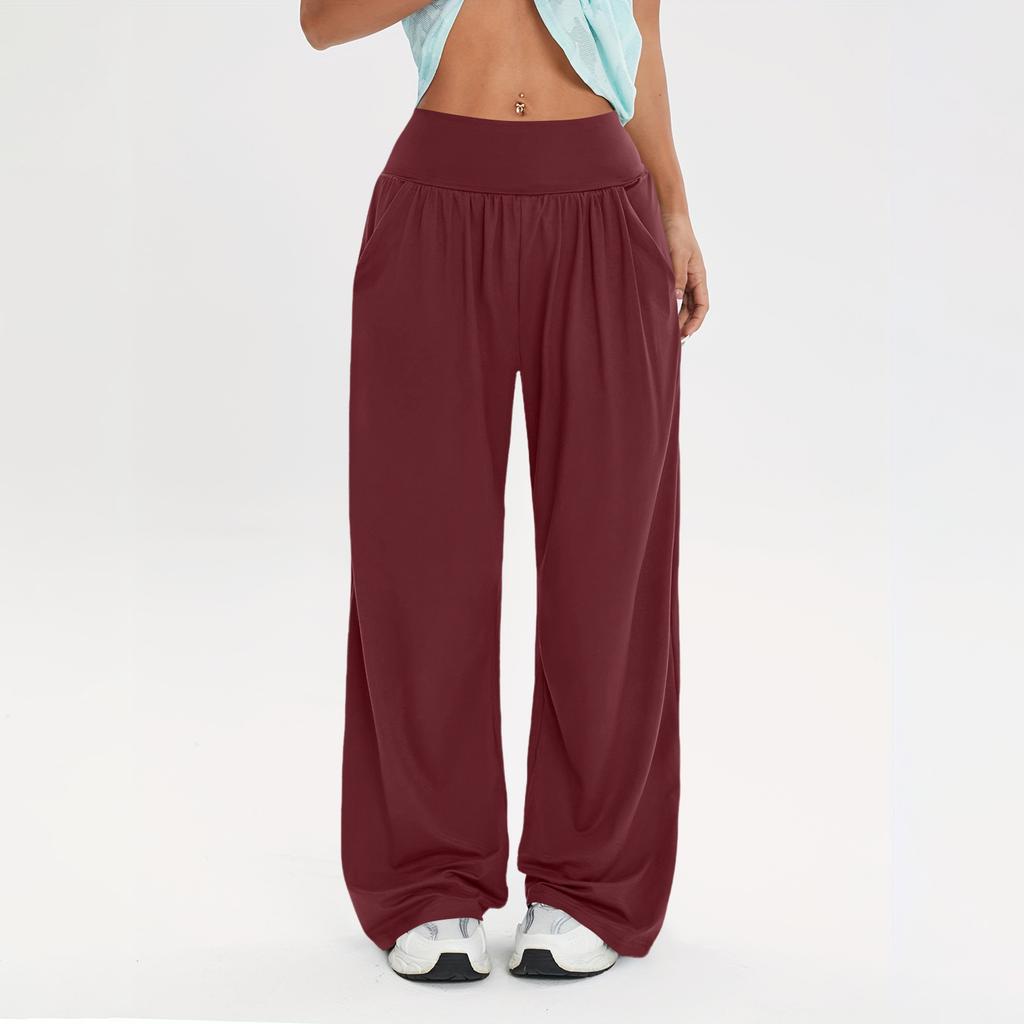 Women's Fashionable Solid Color Straight Leg Pants With High Waist Button Pockets And Elastic Waist Casual Pants