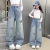 Soft Cotton Children Pants for Girls Summer Korean Style Loose Jeans Casual Wide Leg Trousers for Kids