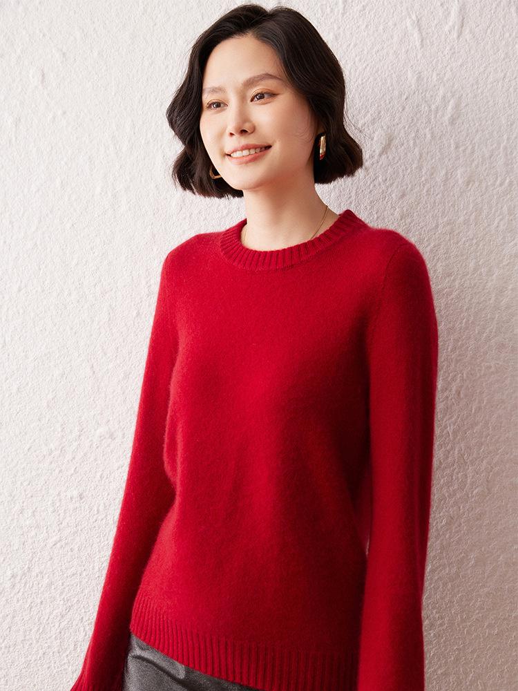 Women's 7-Gauge Double-Ply Cashmere Sweater - Autumn/Winter 2026 Collection, Versatile Solid Color Round Neck Sweater