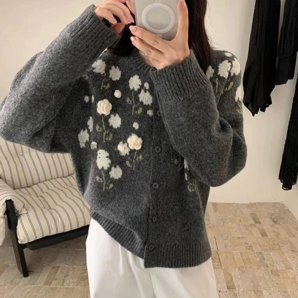 Korean style sweet three-dimensional floral knit cardigan for women, spring/autumn new versatile soft and cozy loose lazy style sweater jacket