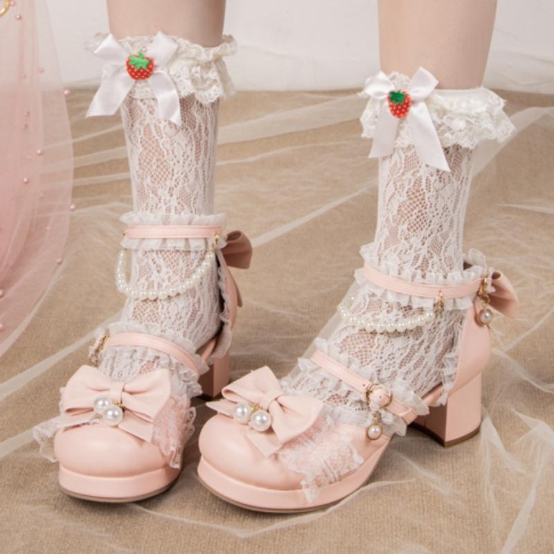 Sweet Women's Low Heels Mary Jane Lolita Shoes Luxury Lace White Pink Heeled Party Wedding Office Dance Shoes Female 2025 Summer