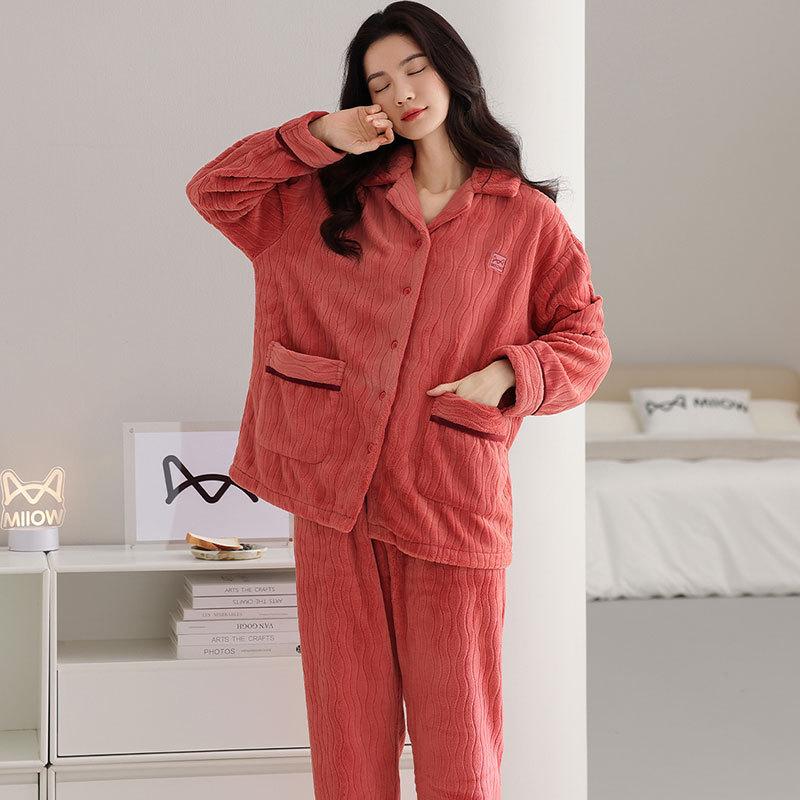 Pajamas Women'S Autumn And Winter Flannel Thickened Fleece Warm Coral Fleece Autumn And Winter Loungewear Set