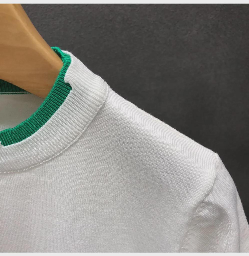 Men's Trendy White Knitted Ice Silk Short-Sleeve Sweater T-Shirt