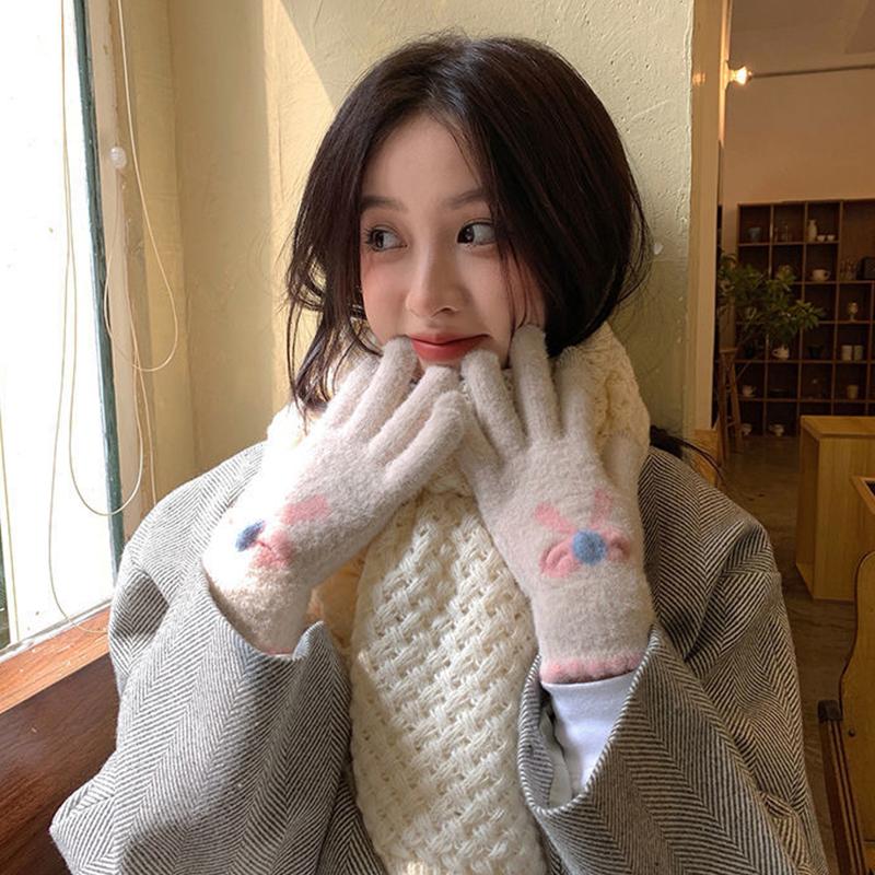 Touch Screen Knitted Gloves Wool Warm Five Fingers Winter Riding Bow Gloves