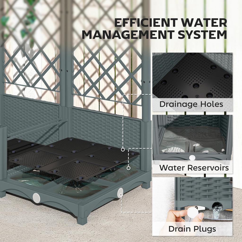 Raised Garden Bed with Trellis, Plastic Planter Box with Drainage Holes, Drain Plugs and Water Reservoirs for Climbing Plants, Vegetables, Flowers