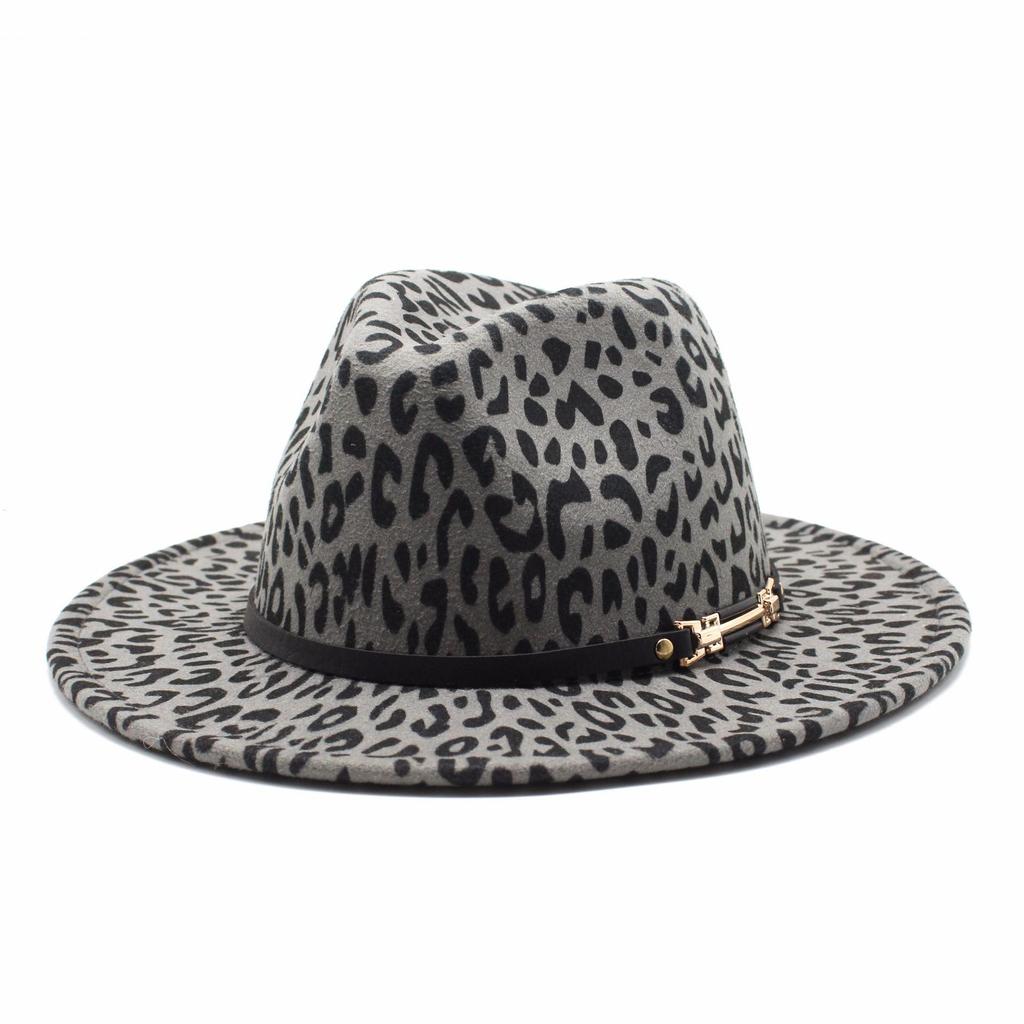 Woolen Leopard Print Jazz Top Hat Men And Women Couple Hat Flat Brim Big Eave Hat Felt Hat