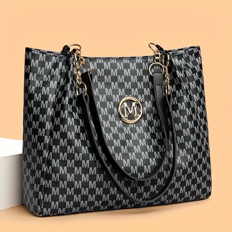 Ladies' PU Retro M Print Large Capacity Spring and Summer Travel Vacation Zipper Switch Shoulder Bag, Crossbody Bag, Handbag, Tote Bag