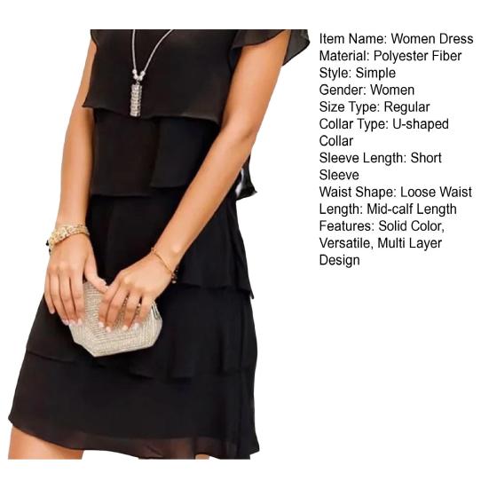Women Chiffon Dress with Ruched Edge Round Neck Short Sleeves Multi-Layer Design Summer Midi