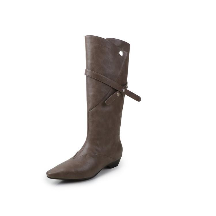 Leather low-heeled pointed boots women's 2025 autumn and winter retro pleated stacking boots versatile comfortable knight boots