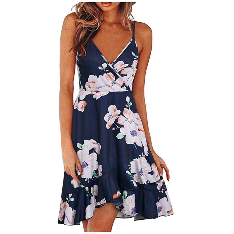 Swing Dress2025 Summer Women Clothes Sexy Fashion V-neck Sling Sleeveless Backless Print Swing Dress