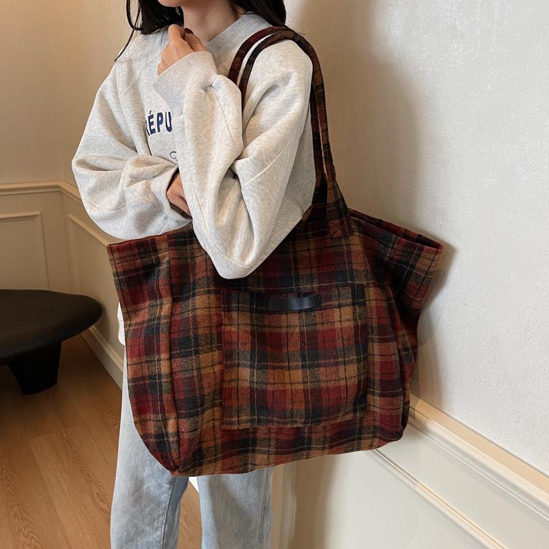 Woolen Plaid Big Bag Women's Portable Tote Bag Commuter Shoulder Bag