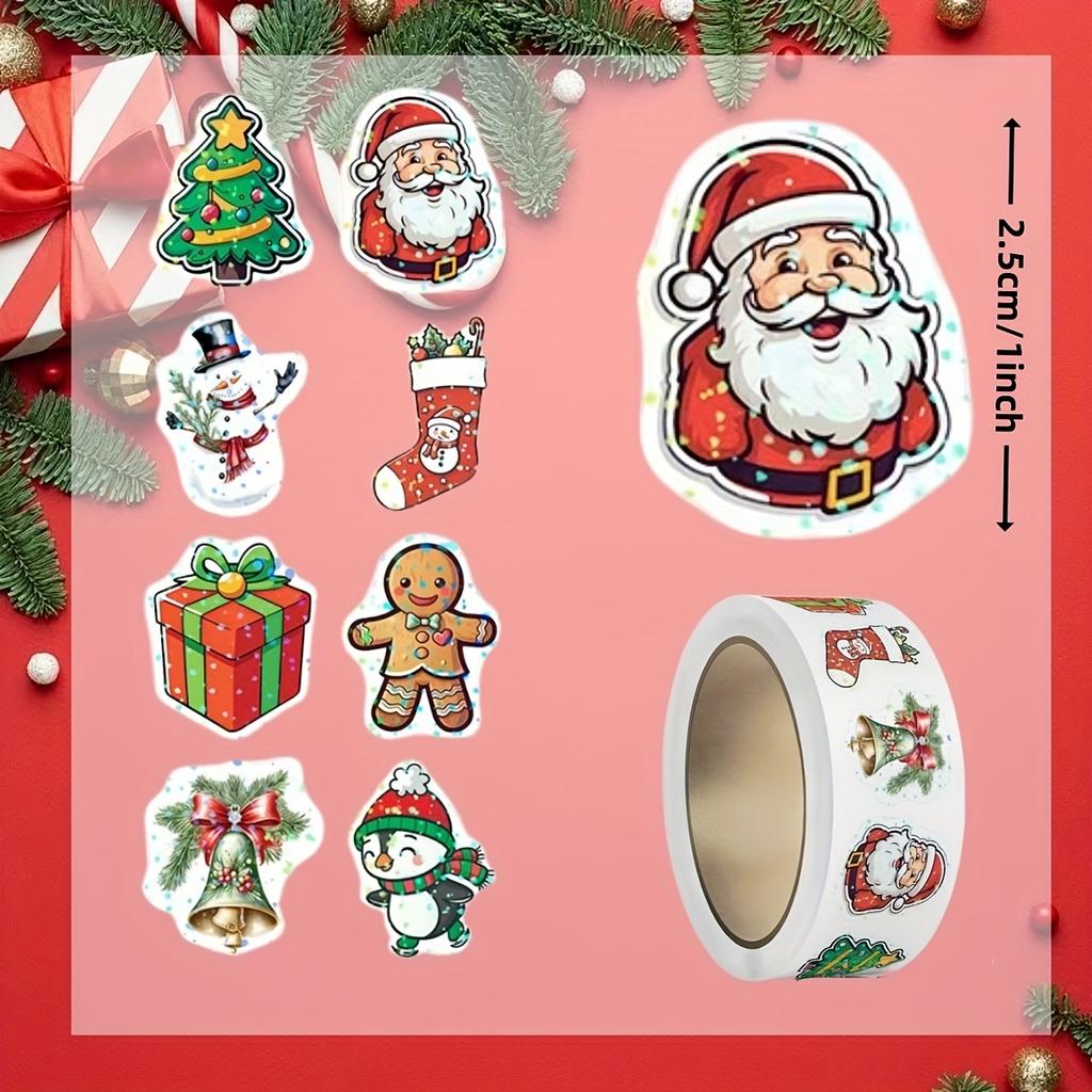 500pcs Christmas Stickers Roll - Santa, Gingerbread, Trees, Gifts - Waterproof - for Gift Wrapping, Cards, Party Decorations