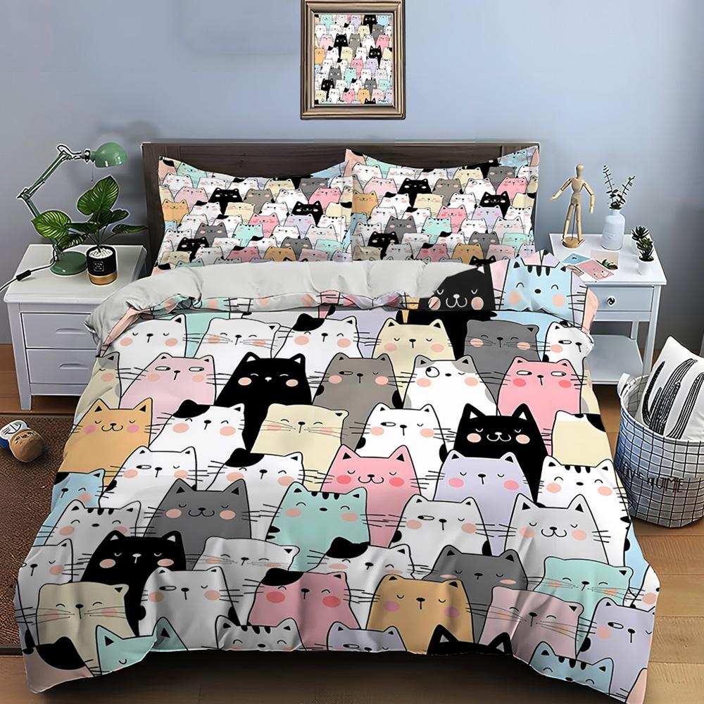 Cute Cartoon Cats Print Bedding Set Duvet Cover 1 Duvet Cover 2 Pillowcases Adult and Children Bedding Set Luxury Comforter Set