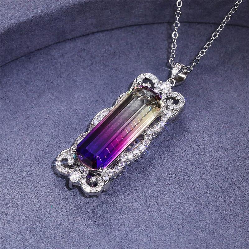 Silver Plated Baguette Cut Gradient CZ Pendant Necklace, Ornate Scrollwork Frame Cable Chain Necklace for Women