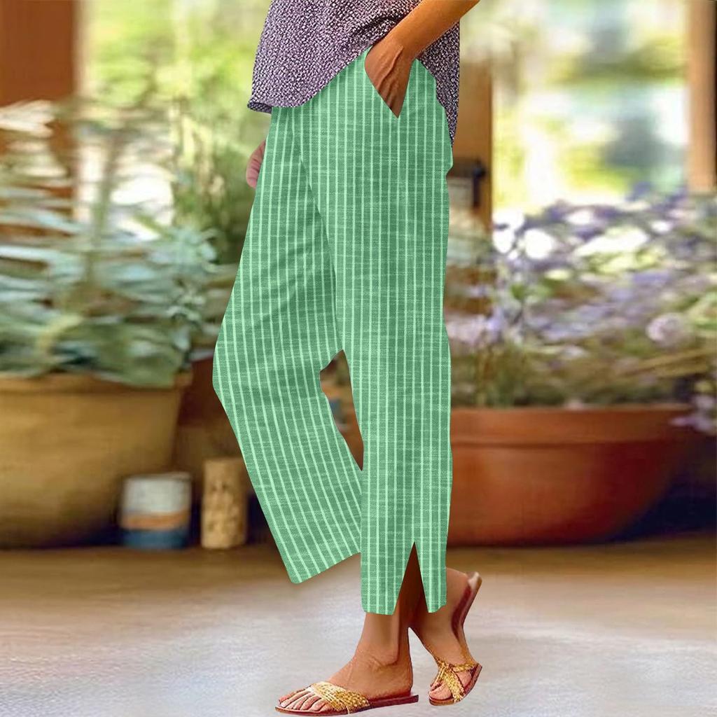 Pantalon Casual Rayé Tendance pour Femme, Lâche, Taille Élastique Confortable, Coupe Droite, Coton et Lin