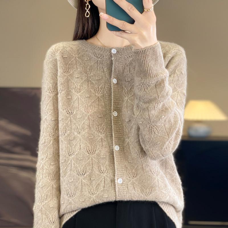 Cardigan in maglia di lana con scollo rotondo e jacquard, da donna, primavera e autunno, giacca in maglia cava larga