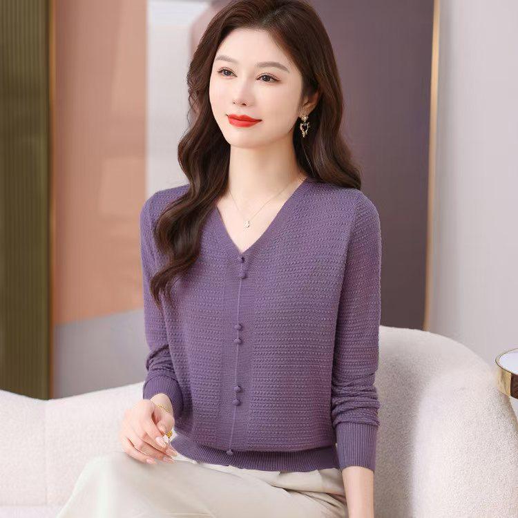 

Женский кардиган из шерсти с V-образным вырезом: Легкий вязаный свитер с длинными рукавами для осени и зимы Large фиолетовый/лиловый