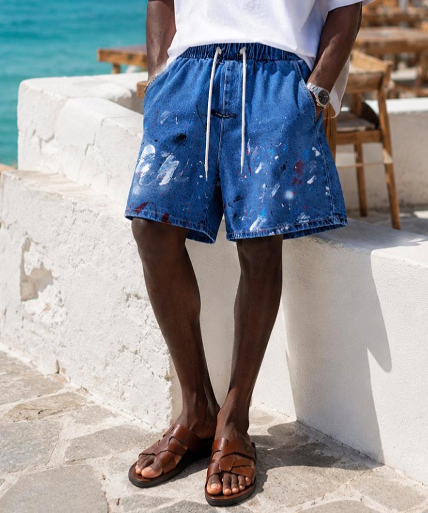 Seuteulaikeu Blue Wash Multi-Hue Painted Denim Shorts (Relax)