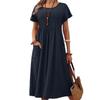 Summer Pockets Casual Dress New Plus Size Solid Color Round Neck Short Sleeve Fashion Party Dress A-line Pleated Loose Slim Elegant Dresses Clothing