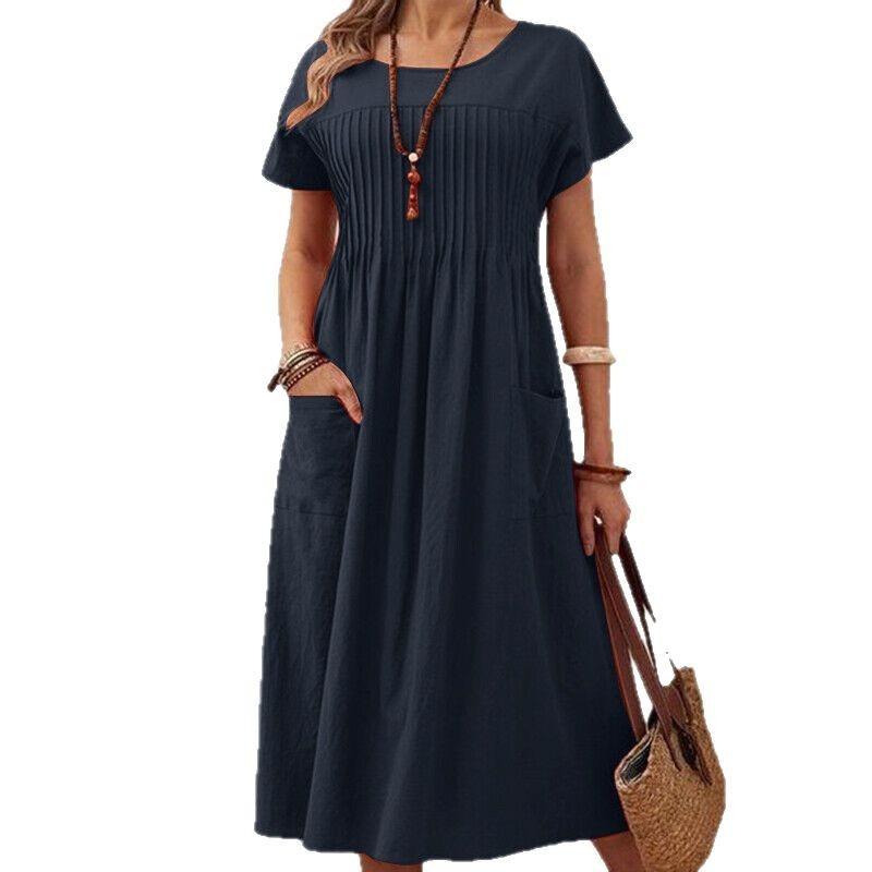 Summer Pockets Casual Dress New Plus Size Solid Color Round Neck Short Sleeve Fashion Party Dress A-line Pleated Loose Slim Elegant Dresses Clothing
