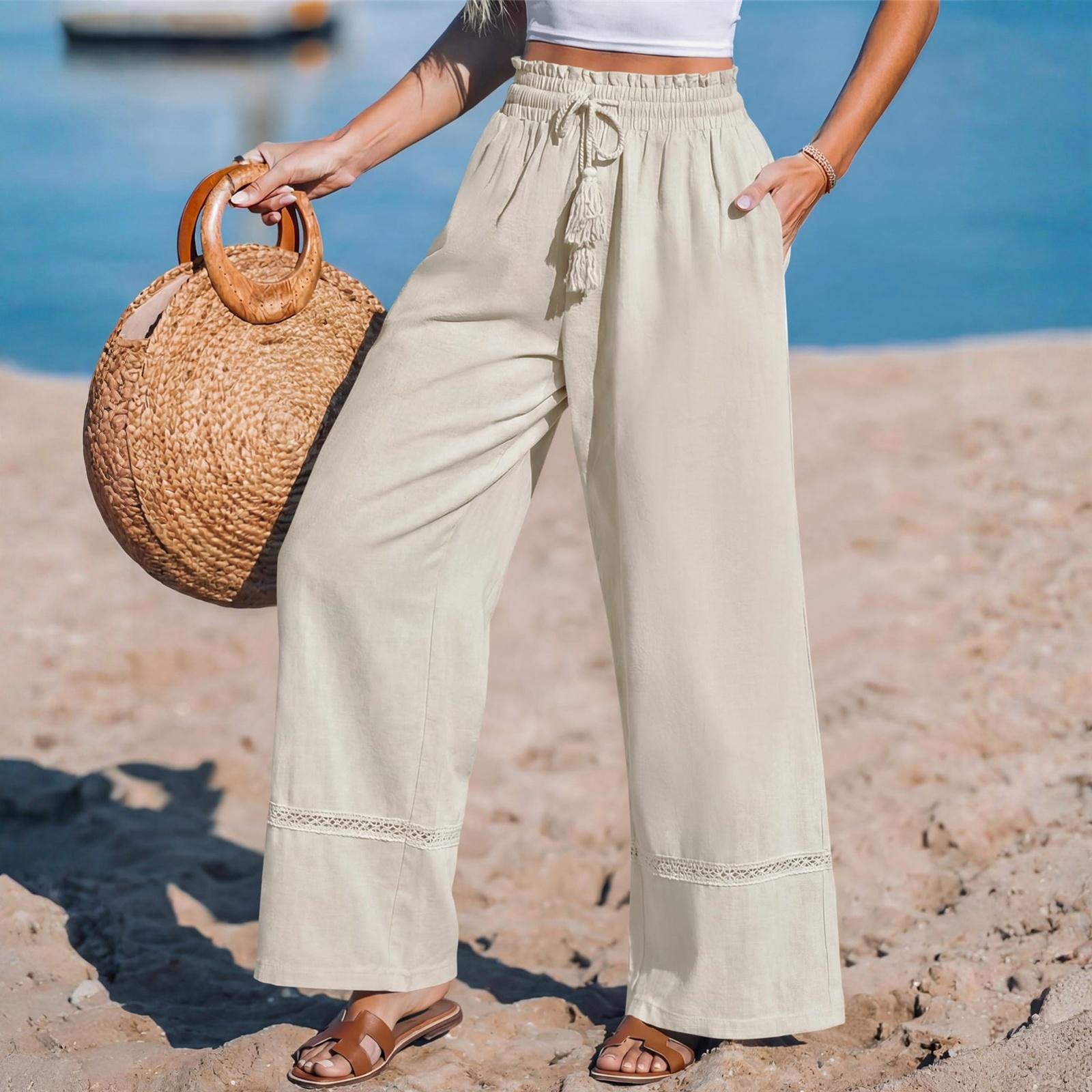 

Women s Comfortable Color Loose Wide Leg High Waist Casual Pants L бежевый