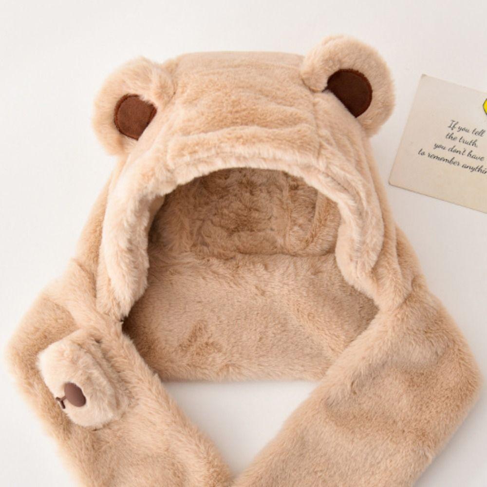 Solid Color Children Fleece Hat Fashion Design Plush Hat with Scarf Outdoor Bear Plush Hat  Kid