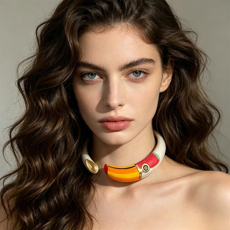 Fashion And Exaggerated Design Colorful Enamel Parrot Choker Necklace Vibrant Shiny Gold Accents For Parties Vacations