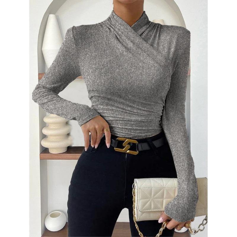 Women's Fall/Winter Design Cross-neck Slim and Versatile Shirred T-shirt
