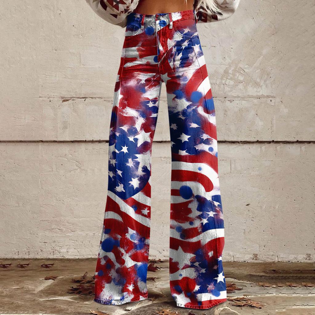 Wide Leg Flare Jeans For Women With Pockets Baggy Pants Vintage Floral Print High Waisted Loose Pant