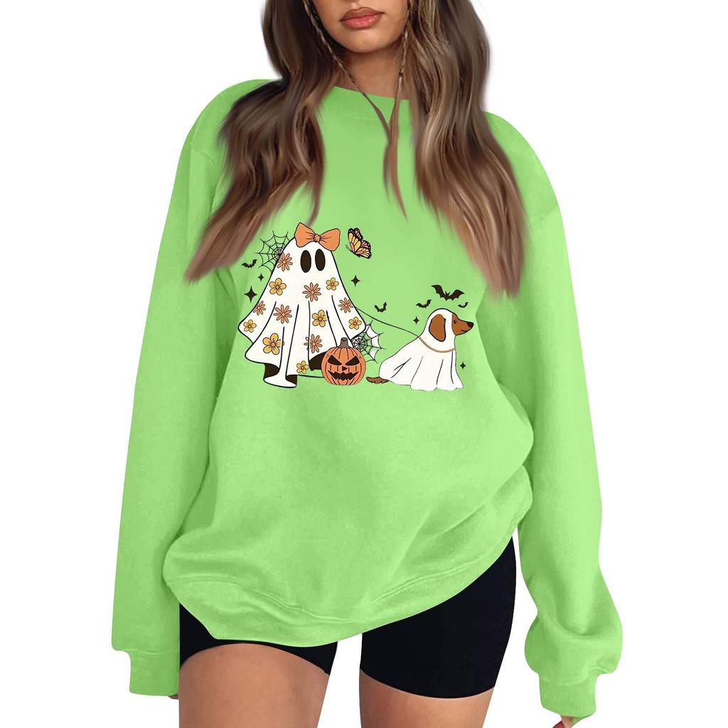 Women's Neck Long Sleeve Loose Fit Casual Sweatshirt Pullover Top with Halloween Print