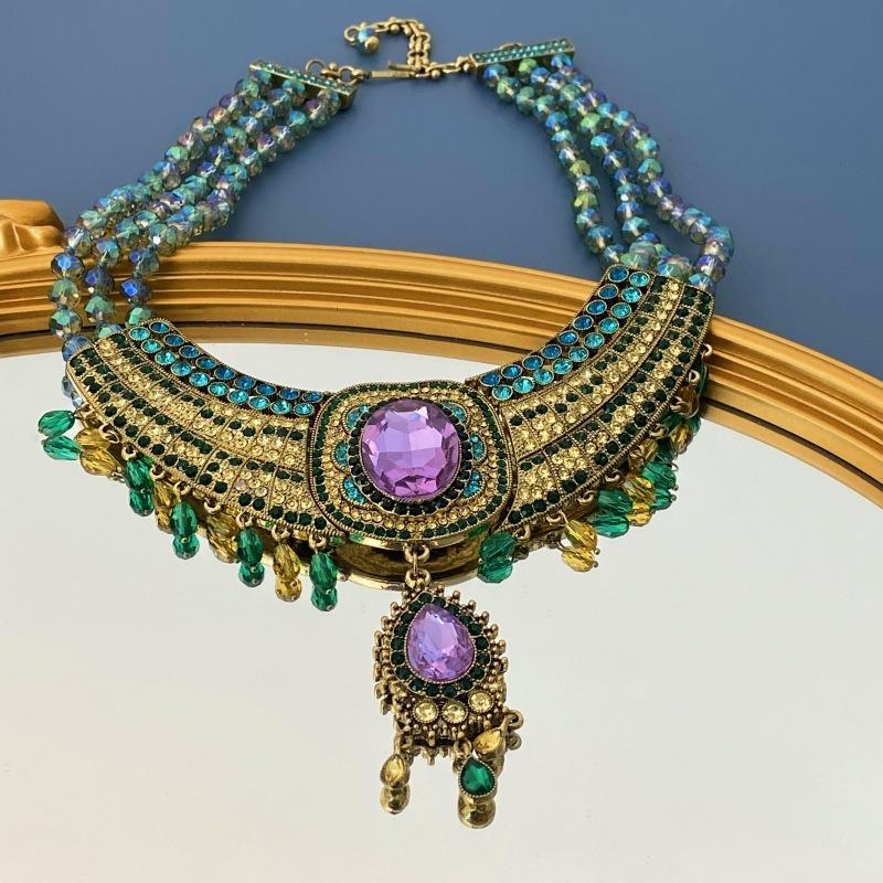 Retro Style Crystal Diamond Necklace, Multi-layer Purple Crystal Diamond Light Luxury Necklace