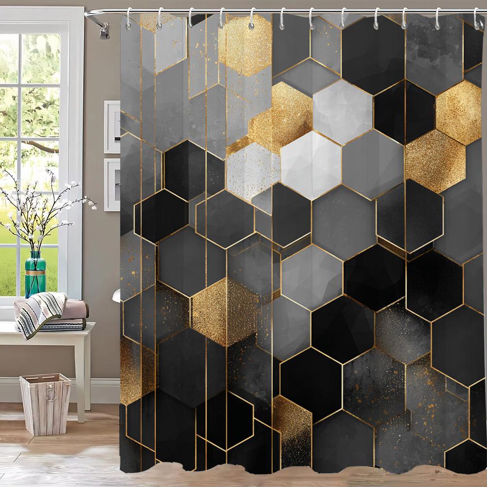 

1Pc Black And Gold Geometric Print Shower Curtain Partition Privacy Hanging Curtain With 12 Hooks Multiple Size Machine Washable W60H190(CM)-1 Pcs