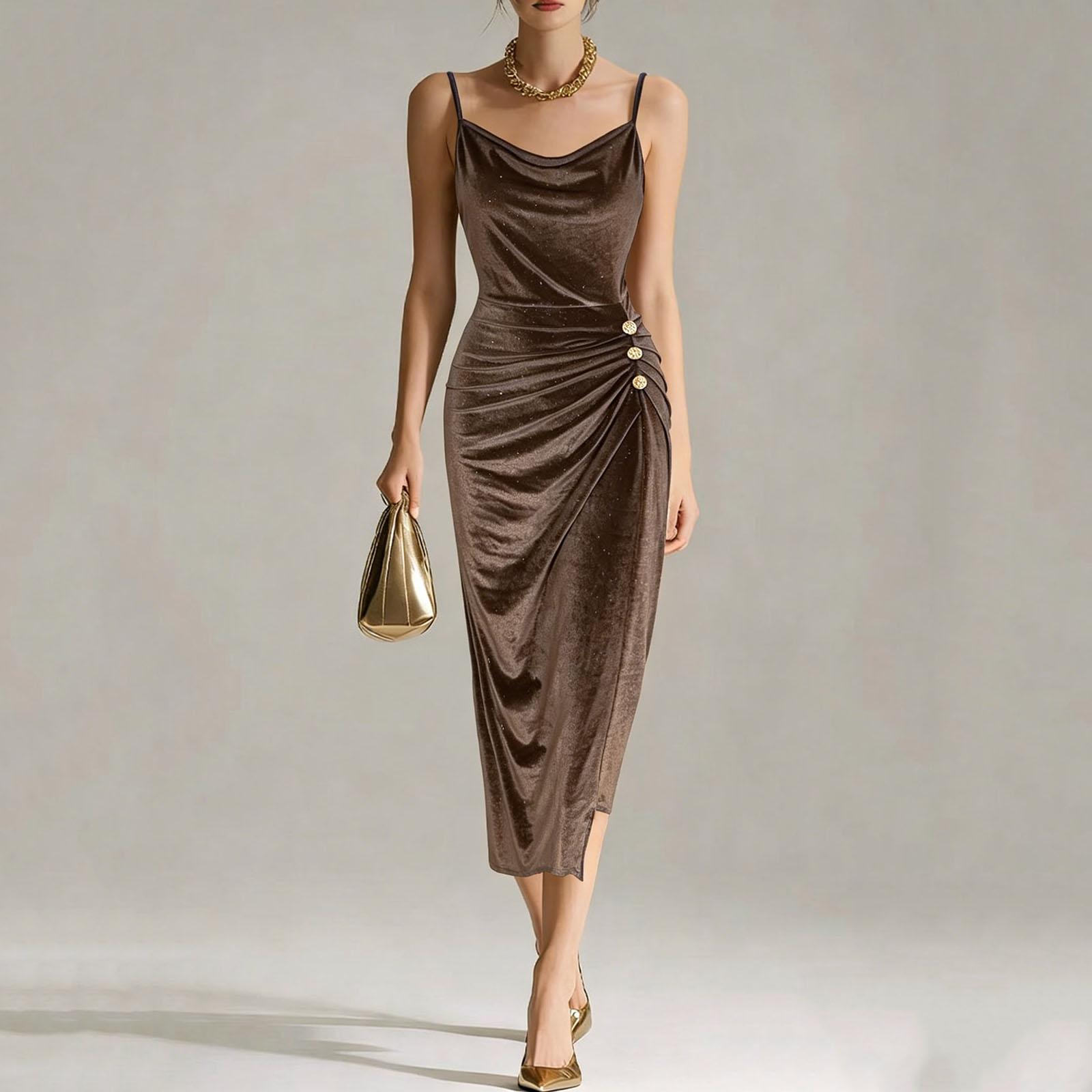 Women s Fashionable, Flattering, And Elegant Gold Velvet Side-Slit Spaghetti-Strap Dress S хаки