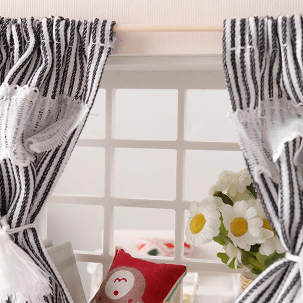 Fabric Miniature Dollhouse Window Curtain with Stripe Pattern Design For 1/12 Model Dollhouse Scene Decoration Accessory