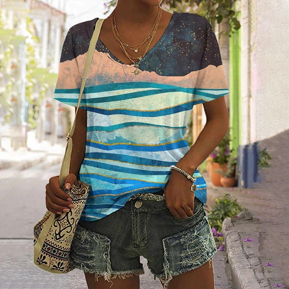 Gestreiftes T-Shirt für Damen, neue einfache Kleidung, lässig, V-Ausschnitt, kurzärmelig, T-Shirt, Harajuku, Retro-Druck, Damen-T-Shirt, Sommer