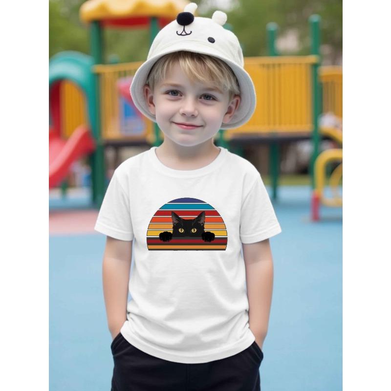Boys Crewneck Short Sleeve T-Shirt, Cute Rainbow Skateboard Cat Print Versatile Casual Summer Top 110