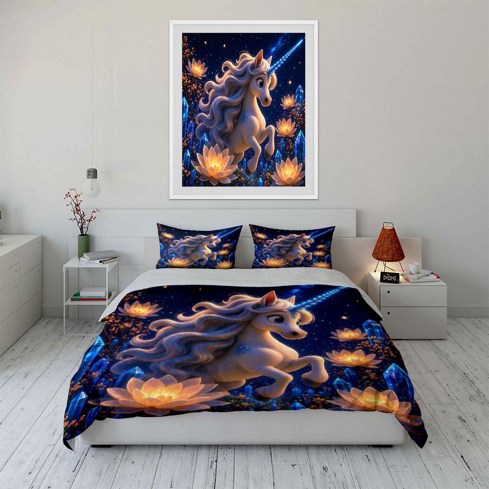Enchanted Unicorn with Glowing Lotuses Bedding Set for Kids Luxury Gift 3pcs Digital Print Comforter Set Soft Comfortable