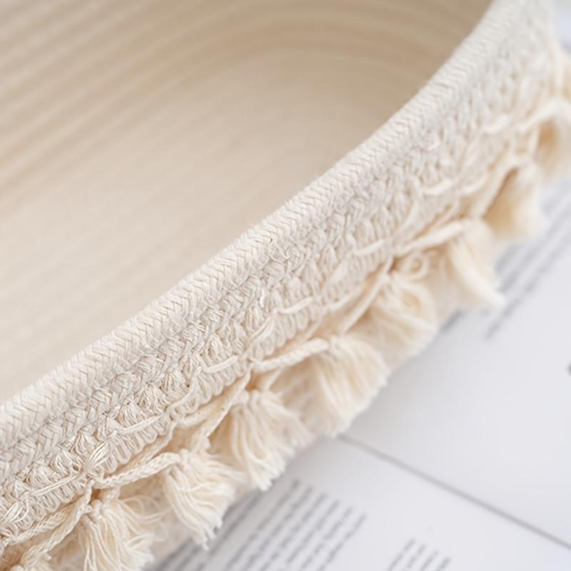 Boho White Khaki Rectangular Tassel Storage Basket Polyester Rope Open Top Organizer For Living Room Bedroom Bathroom Storage