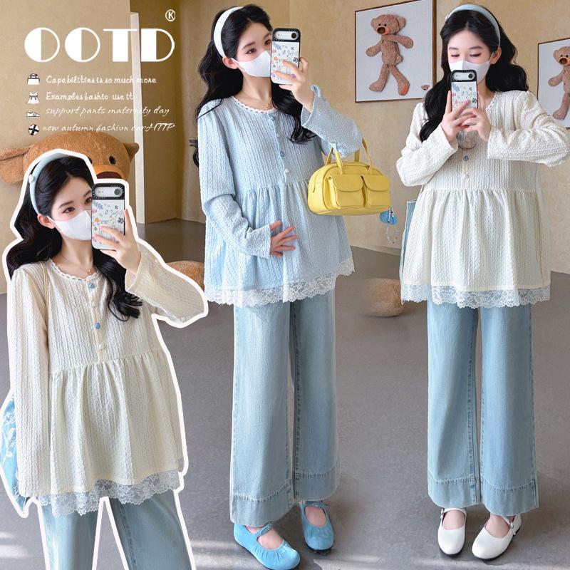 2026 Spring Maternity Sweet Lace Patchwork Doll Shirt Double Extra Large синий
