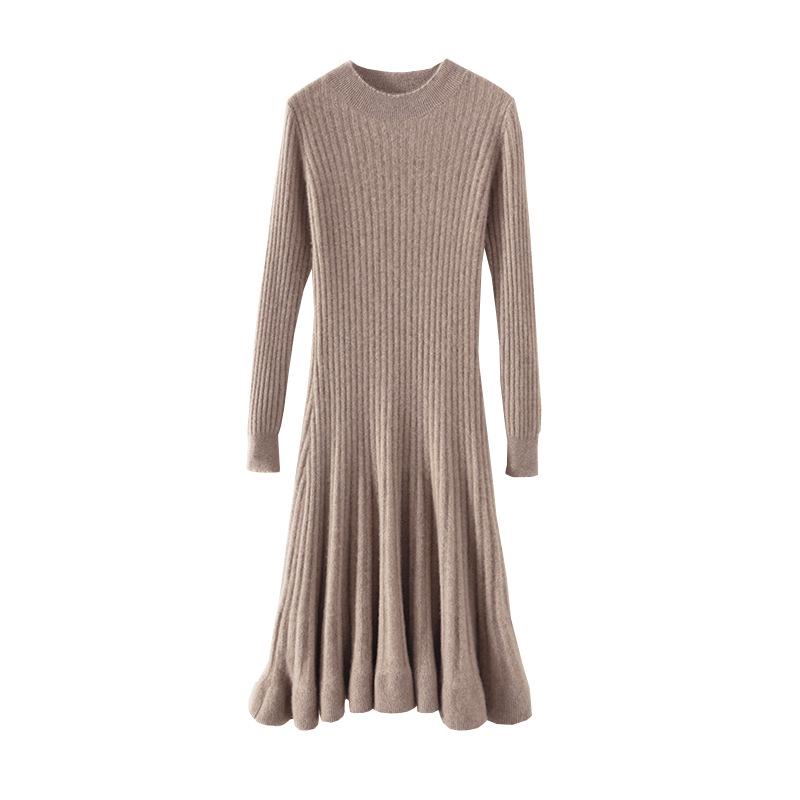 Elegant Women's 100% Pure Wool Knit Dress - Slimming, Round Neck, Long Cashmere for Autumn and Winter