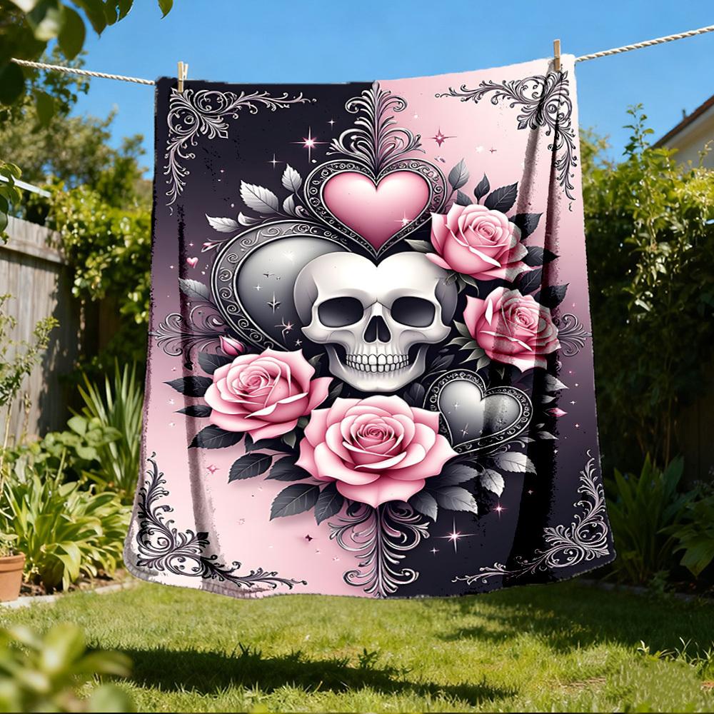 

1pc Skull Roses Heart Decorative Outdoor Flannel Blanket , Machine Washable Perfect Gift for Birthday , Holiday Travel Accessory , Durable Material 80x120cm