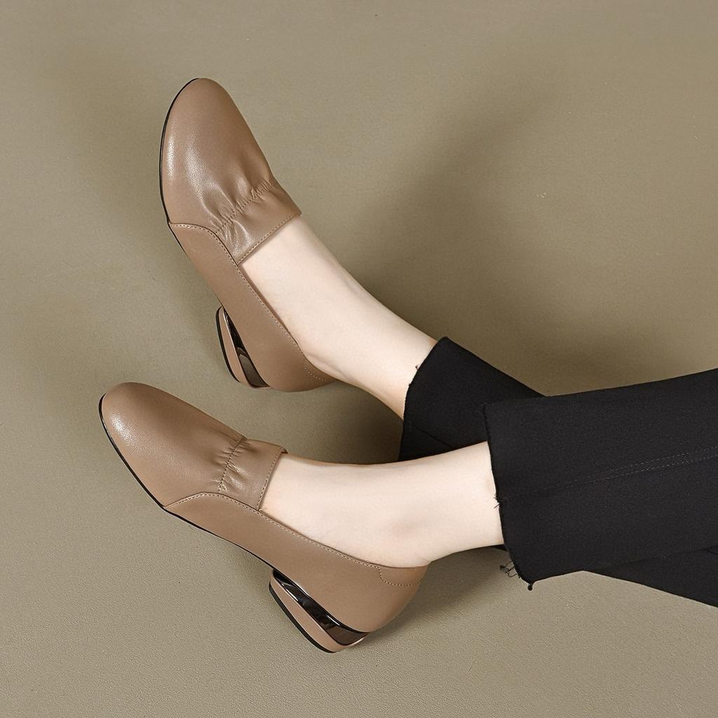 Round Head Single Shoes Women's Autumn Two Kinds of Height Ruffle Edge Shallow Mouth Women's Shoes Four Seasons Shoes Cowhide Thick Heel Work Shoes